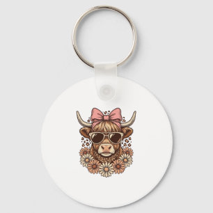Cute Hoogland Koe Bril Roze Strik Vintage Kunst_ Sleutelhanger