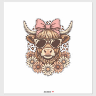Cute Hoogland Koe Bril Roze Strik Vintage Kunst_ Sticker