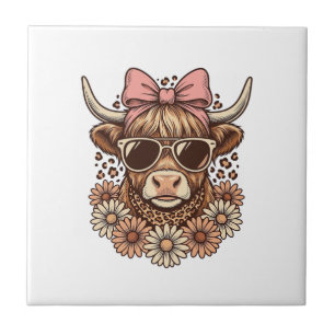Cute Hoogland Koe Bril Roze Strik Vintage Kunst_ Tegeltje
