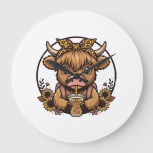 Cute Hoogland Koe Koffie Zonnebloem Vintage T-shir Grote Klok