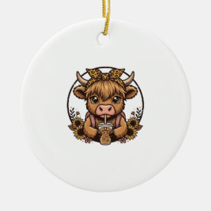 Cute Hoogland Koe Koffie Zonnebloem Vintage T-shir Keramisch Ornament