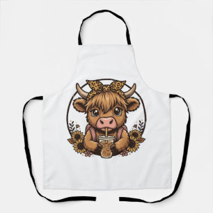 Cute Hoogland Koe Koffie Zonnebloem Vintage T-shir Schort