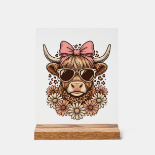 Cute Hoogland Koe Zonnebril Roze Strik Vintage Kun Acryl Bord