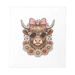 Cute Hoogland Koe Zonnebril Roze Strik Vintage Kun Notitieblok