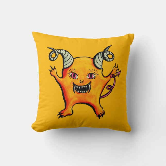 Cute Horned Demon Cartoon Monster Kinder Yellow Kussen (Voorkant)