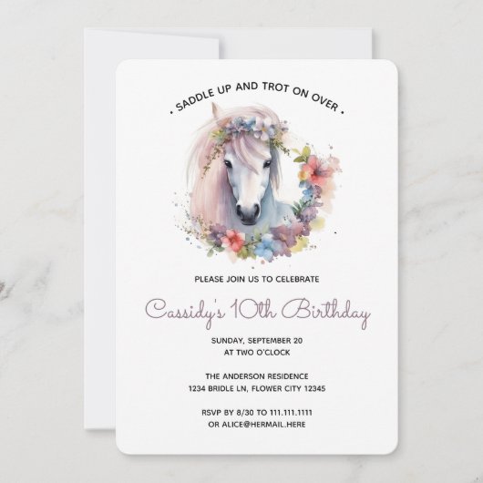 Cute Horse Pony Flowers Kids Birthday Party Kaart (Voorkant)