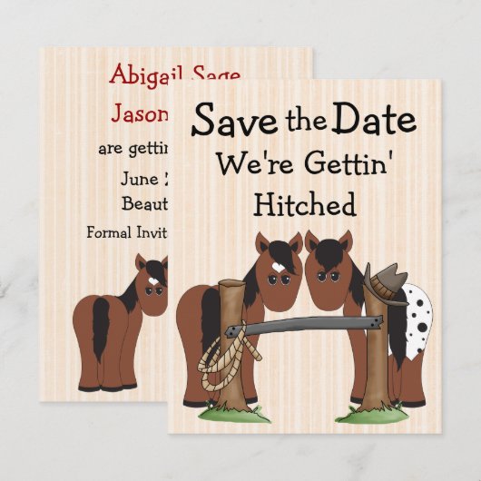 Cute Horses We're Getting Hitched Wedding Save The Date (Voorkant / Achterkant)