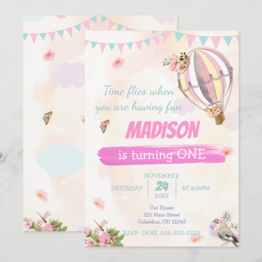 Cute Hot Air ballon 1e Waterverf Birthday RSVP Kaart (Voorkant / Achterkant)