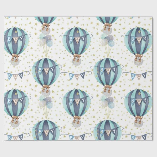 Cute Hot Air ballon Blue Baby Boy Shower Gift Cadeaupapier (Vlak)