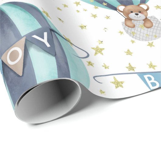 Cute Hot Air ballon Blue Baby Boy Shower Gift Cadeaupapier (Rol Hoek)