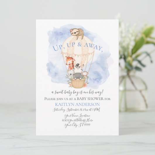 Cute Hot Air Ballon Giraffe Sleuf Zebra Blue Boy Kaart (Staand voorkant)