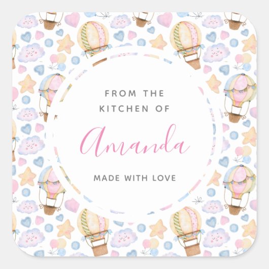 Cute Hot Air Ballon Waterverf Pattern Kitchen Vierkante Sticker (Voorkant)