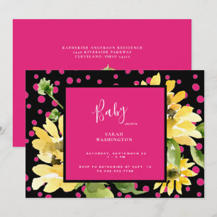 Cute Hot Pink & Black Sunflower Baby shower Kaart
