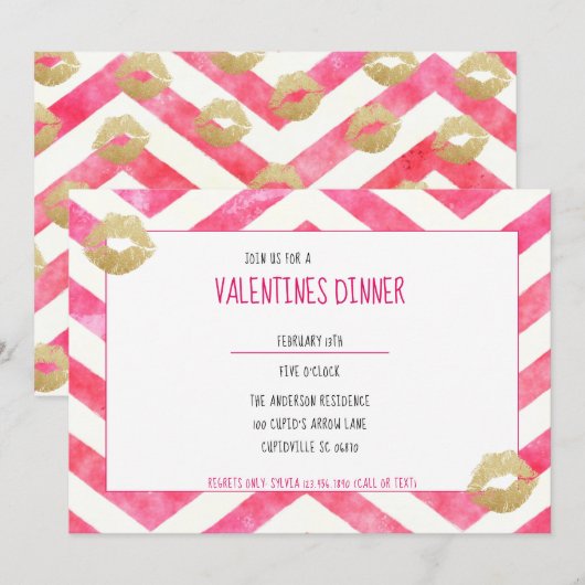 Cute Hot Pink Chevron Gold Lips Valentijn Party Kaart (Voorkant / Achterkant)
