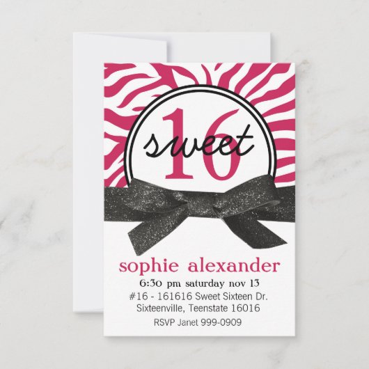Cute Hot Pink Zebra Pattern Sweet 16 Party Kaart (Voorkant)
