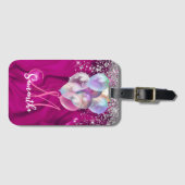 Cute hot roze faux zilveren glitter ballon monogra bagagelabel (Voorkant (horizontaal))