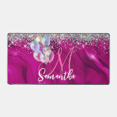 Cute hot roze faux zilveren glitter ballon monogra bureaumat (Voorkant)