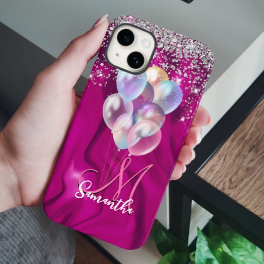 Cute hot roze faux zilveren glitter ballon monogra Case-Mate iPhone case