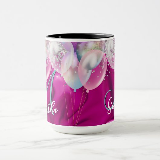 Cute hot roze faux zilveren glitter ballon monogra mok (Midden)