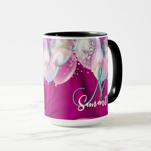 Cute hot roze faux zilveren glitter ballon monogra mok (Voorkant rechts)