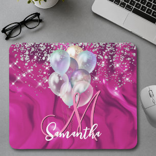 Cute hot roze faux zilveren glitter ballon monogra muismat