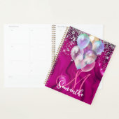 Cute hot roze faux zilveren glitter ballon monogra planner (Display)