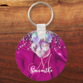 Cute hot roze faux zilveren glitter ballon monogra sleutelhanger (Achterkant)