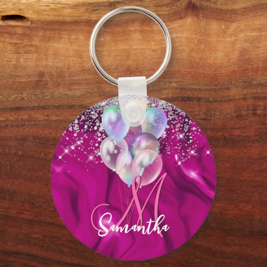Cute hot roze faux zilveren glitter ballon monogra sleutelhanger (Voorkant)