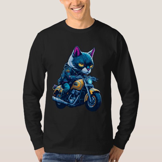 Cute house cat riding on a motorcycle Christmas T-shirt (Voorkant)