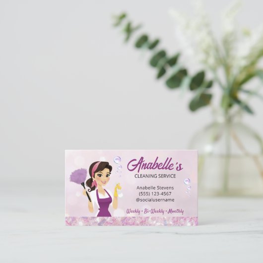 Cute House Cleaning Service Maid QR Code Visitekaartje (Staand voorkant)