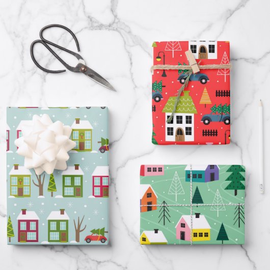 Cute House Theren Kerstmis Pattern Inpakpapier Vel (Voorkant)