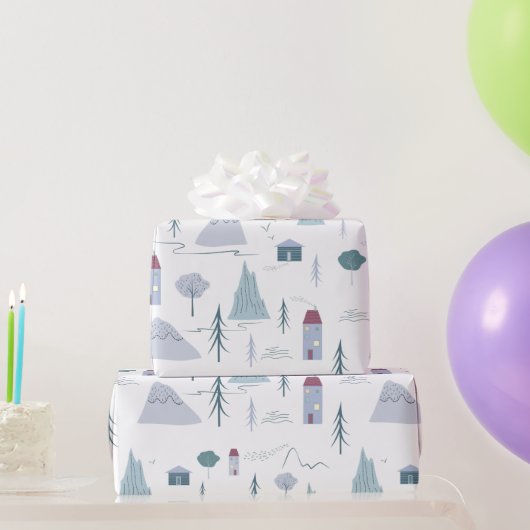 Cute Houses Trees Mountains Modern Pattern Cadeaupapier (Feestgeschenken)