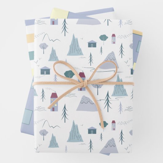 Cute Houses Trees Mountains Modern Pattern Inpakpapier Vel (In situ)