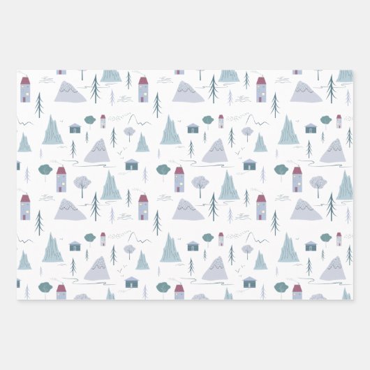 Cute Houses Trees Mountains Modern Pattern Inpakpapier Vel (Voorkant)