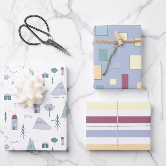 Cute Houses Trees Mountains Modern Pattern Inpakpapier Vel (Voorkant)