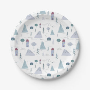 Cute Houses Trees Mountains Modern Pattern Papieren Bordje