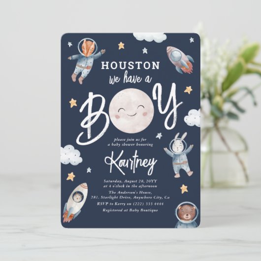 Cute 'Houston we hebben een Boy' Space Baby shower Kaart (Staand voorkant)