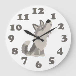 Cute Howling Cartoon Wolf en Numbers Wall Clock Grote Klok