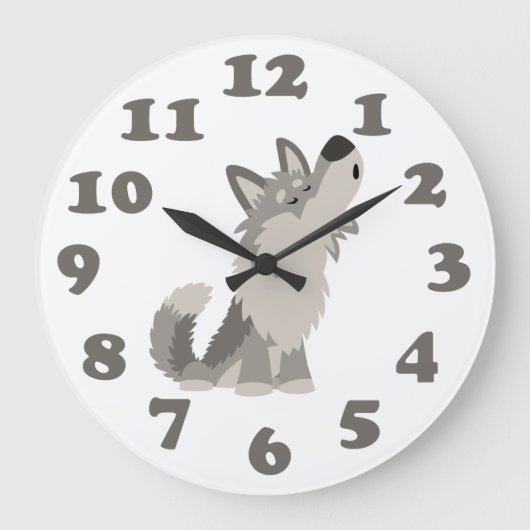 Cute Howling Cartoon Wolf en Numbers Wall Clock Grote Klok (Voorkant)