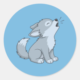 Cute Howling Wolf Pup on Blue Ronde Sticker