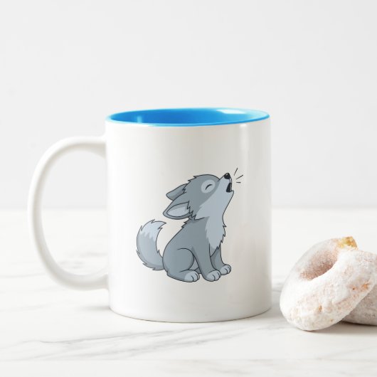 Cute Howling Wolf Pup Tweekleurige Koffiemok (Met donut)
