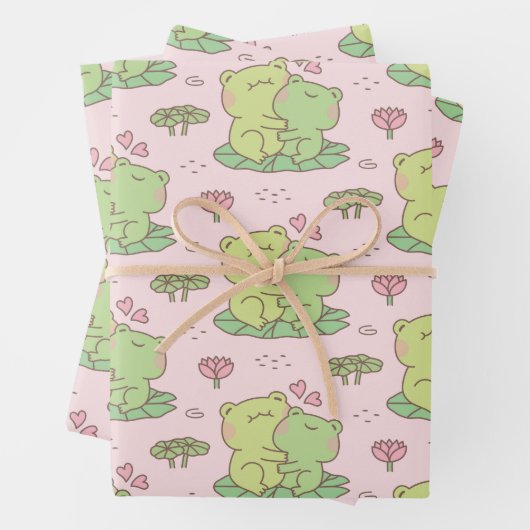Cute hugging Frogs in Love Pattern Pink Inpakpapier Vel (In situ)