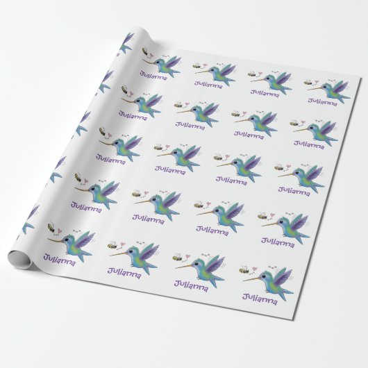 Cute hummingbird and bee cartoon illustration cadeaupapier (Uitgerold)