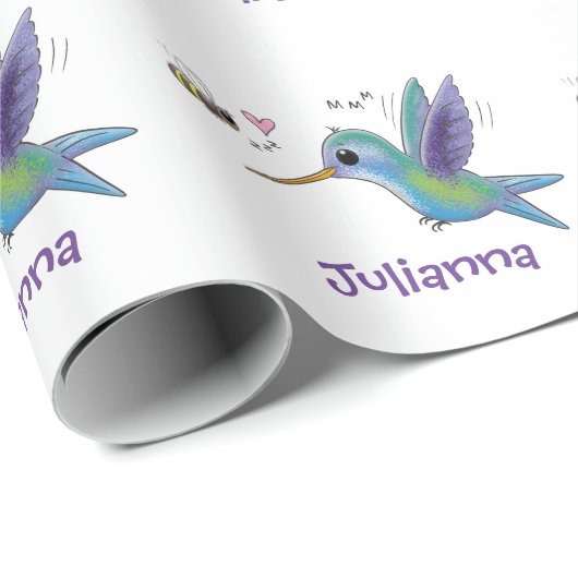 Cute hummingbird and bee cartoon illustration cadeaupapier (Rol Hoek)