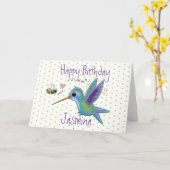 Cute hummingbird and bee cartoon illustration kaart (Gele Bloem)
