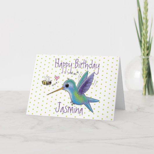 Cute hummingbird and bee cartoon illustration kaart (Voorkant)