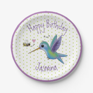 Cute hummingbird and bee cartoon illustration papieren bordje