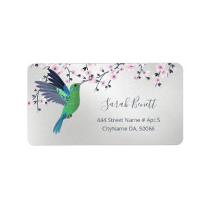 Cute Hummingbird Cherry Blossom Green Silver Etiket