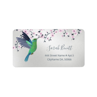 Cute Hummingbird Cherry Blossom Green Silver Etiket
