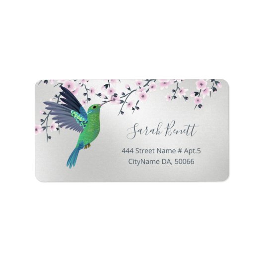 Cute Hummingbird Cherry Blossom Green Silver Etiket (Voorkant)